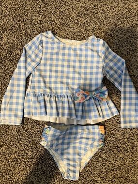 Tommy Bahama Toddler 2T Blue Gingham Rash Guard Swimsuit Set Bow
